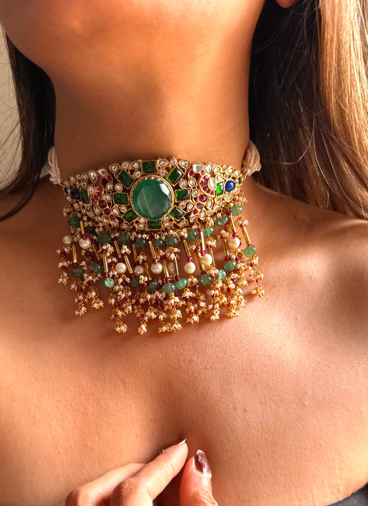 Emerald doublet & rani pink, sapphire moissanite choker