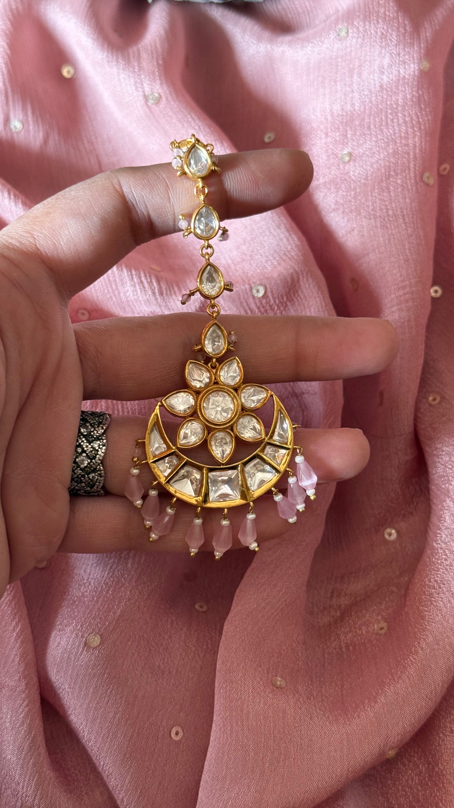 Rose quartz chandbali maangtika