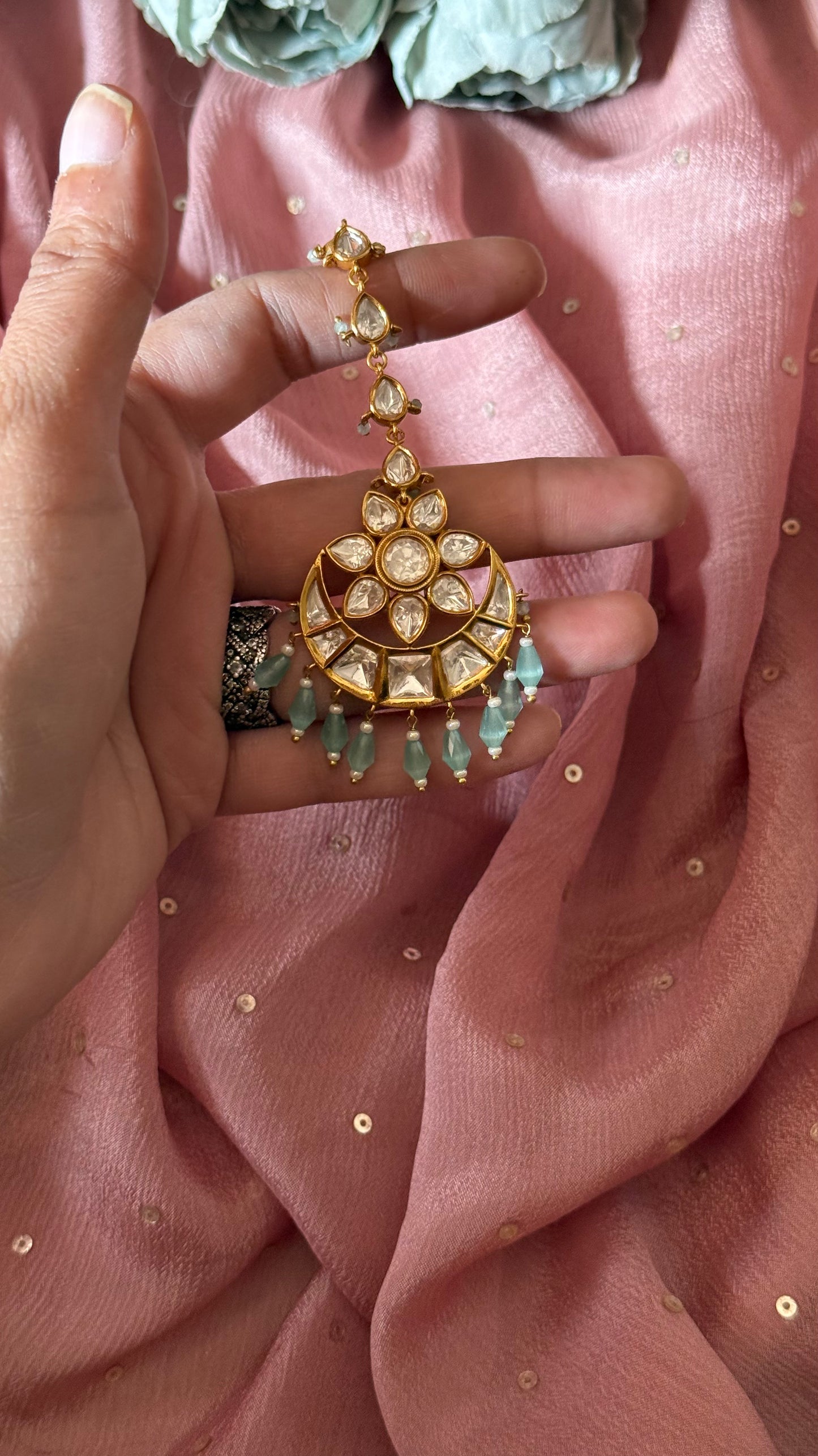 Chandbali maangtika with mint drops