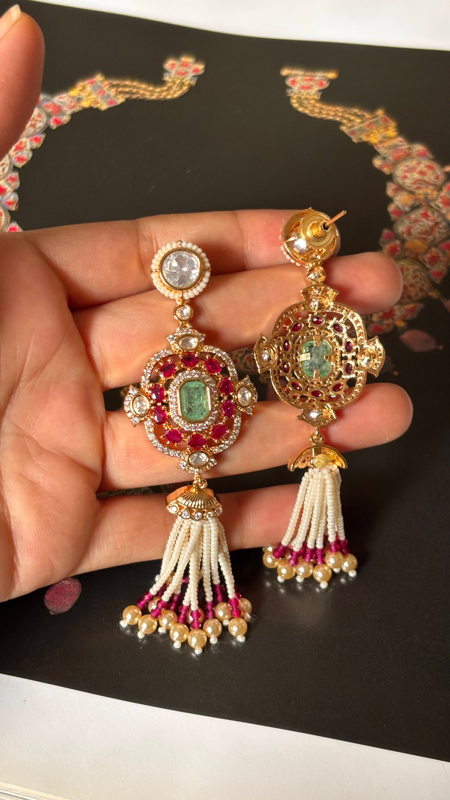 Rani pink doublets & mint with pearl detailing jhalar Earrings