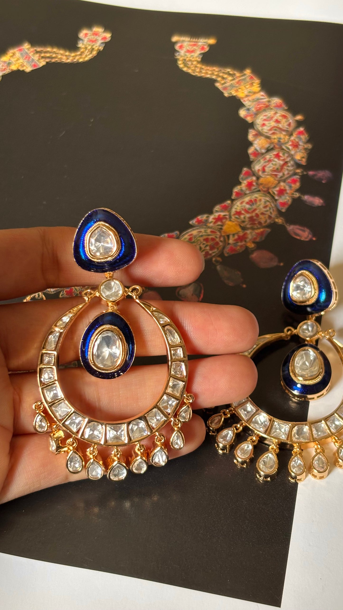 Sapphire meenakari with uncut polki Chandbali earrings