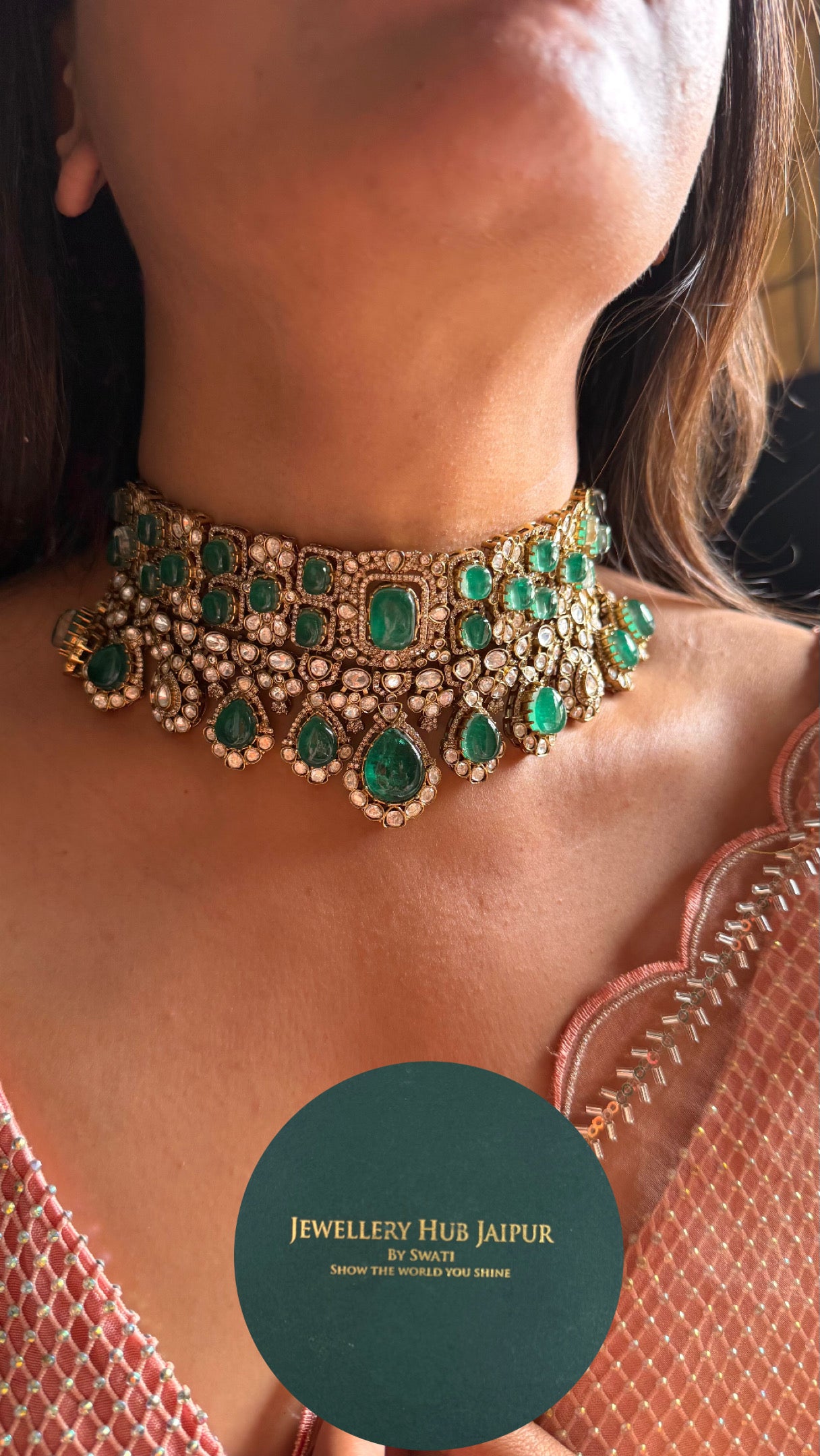 Emerald doublet moissanite polki choker set