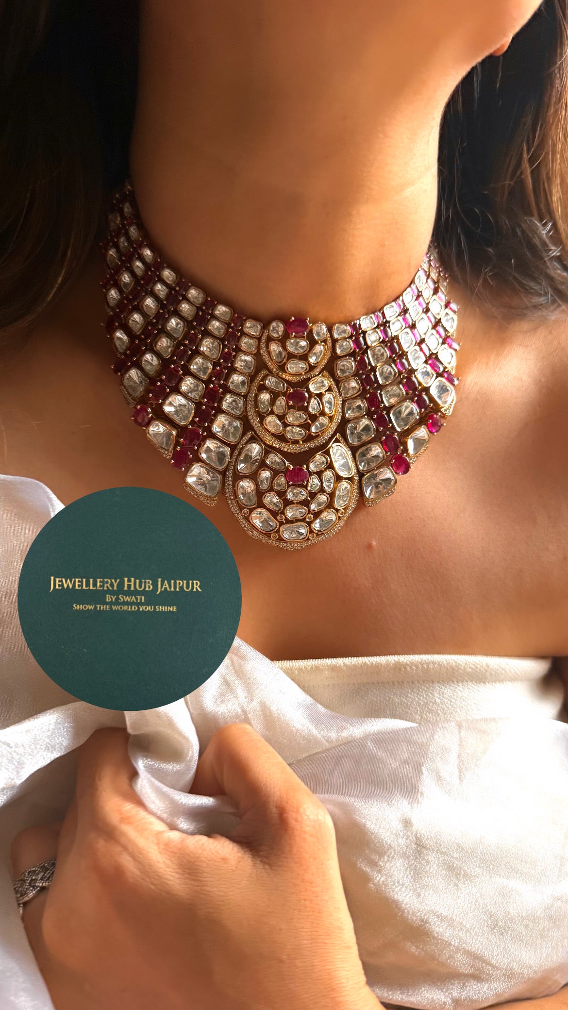 Rani pink doublet & moissanite uncut polki Victorian choker set