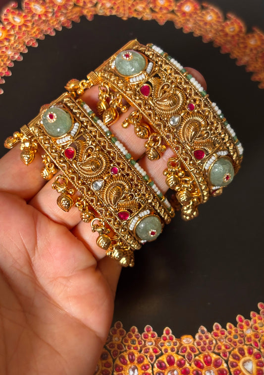 Rajwada mint inlay with rani pink openable Bangles