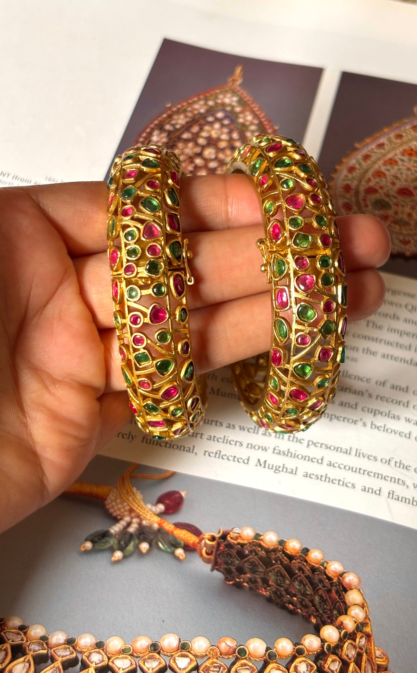 Designer emerald & rani pink gold openable bangle
