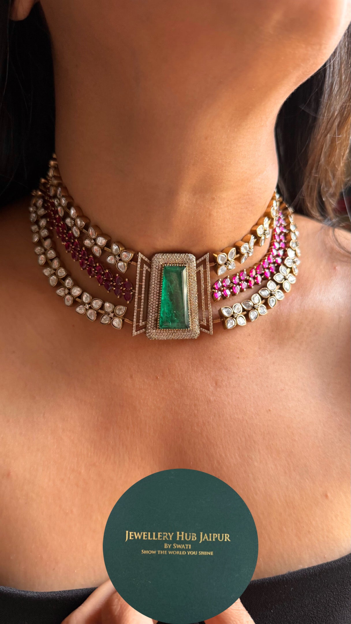 Emerald doublet & rani pink takkar work designer Necklace