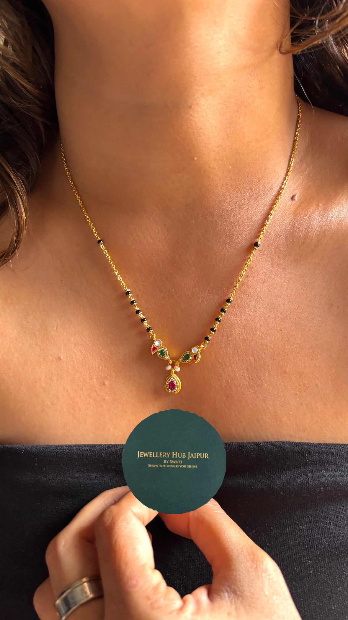 Granite Beaded Mangalsutra with Peacock Pendant & Raw pink stone