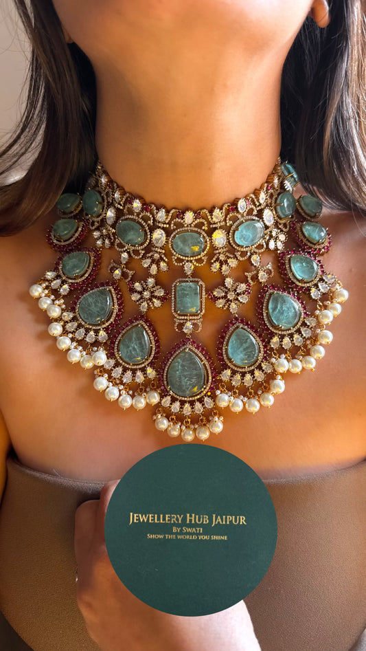 Celebrity inspired mint & rani pink statement necklace