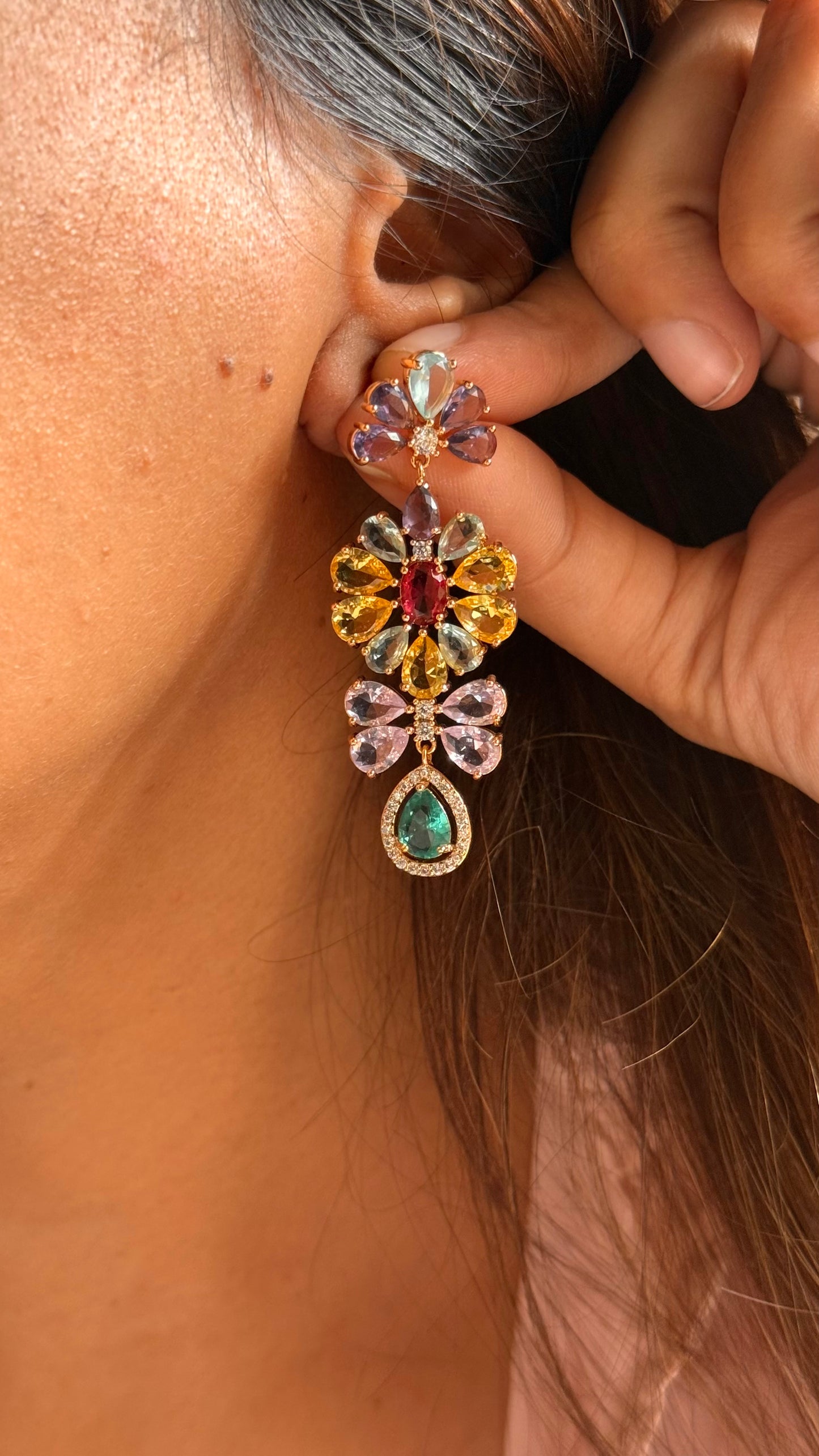 Rose Gold Multi-Gemstone Flower Danglers