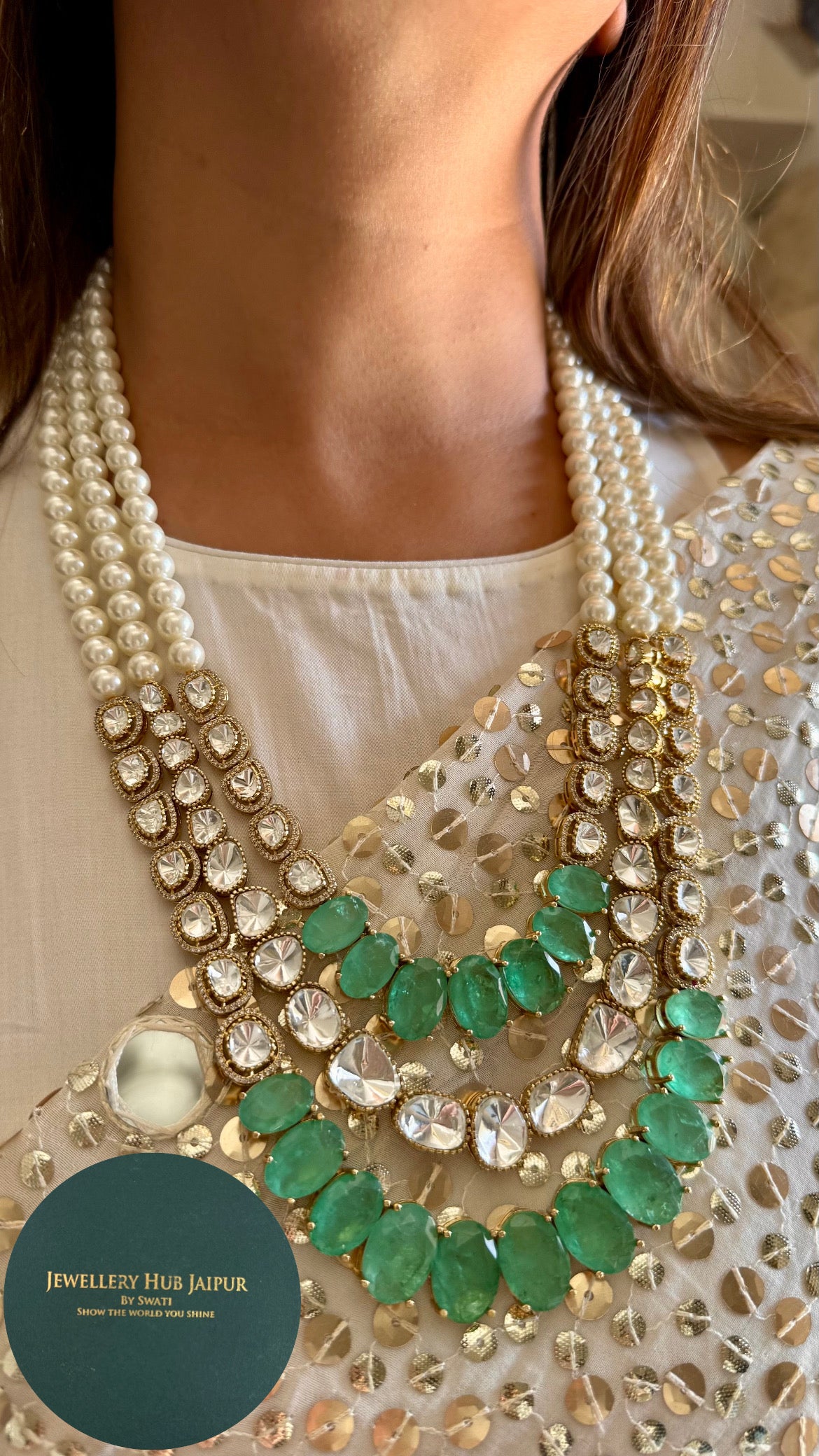 Mint three layered moissanite polki thread maharani haar