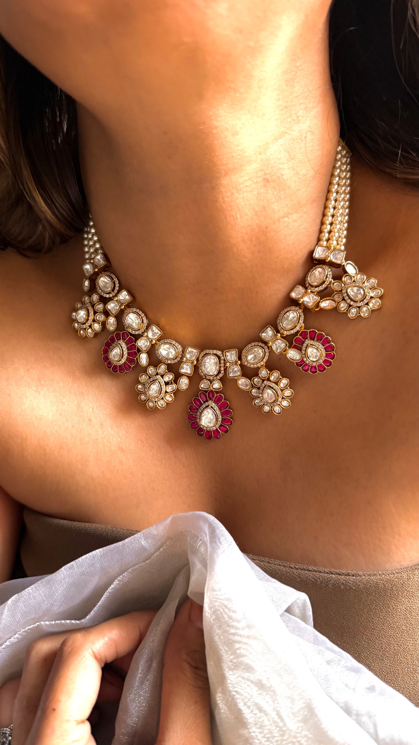 Rani Pink Takkar Uncut Polki Pearl Necklace