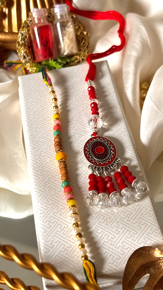 Bhaiya bhabhi lumba red nakashi oxidised rakhi ( shipping will be extra )