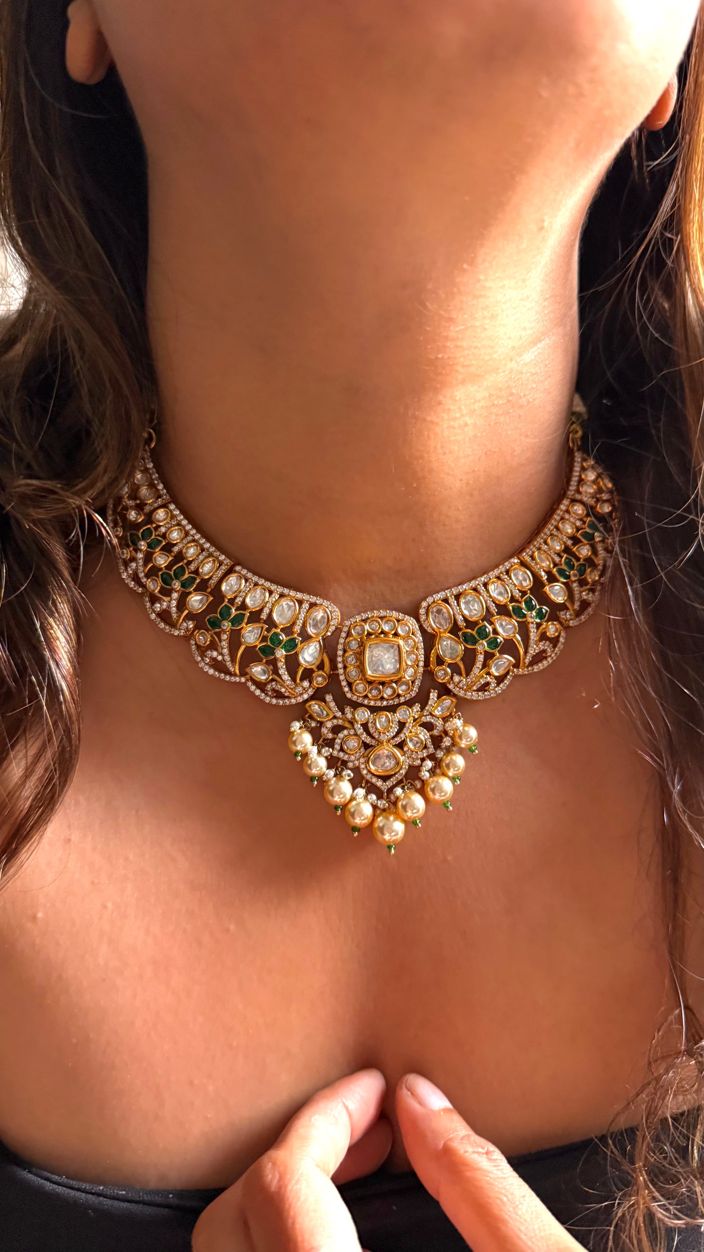 Emerald Moissanite Polki Necklace ( dual Polish)