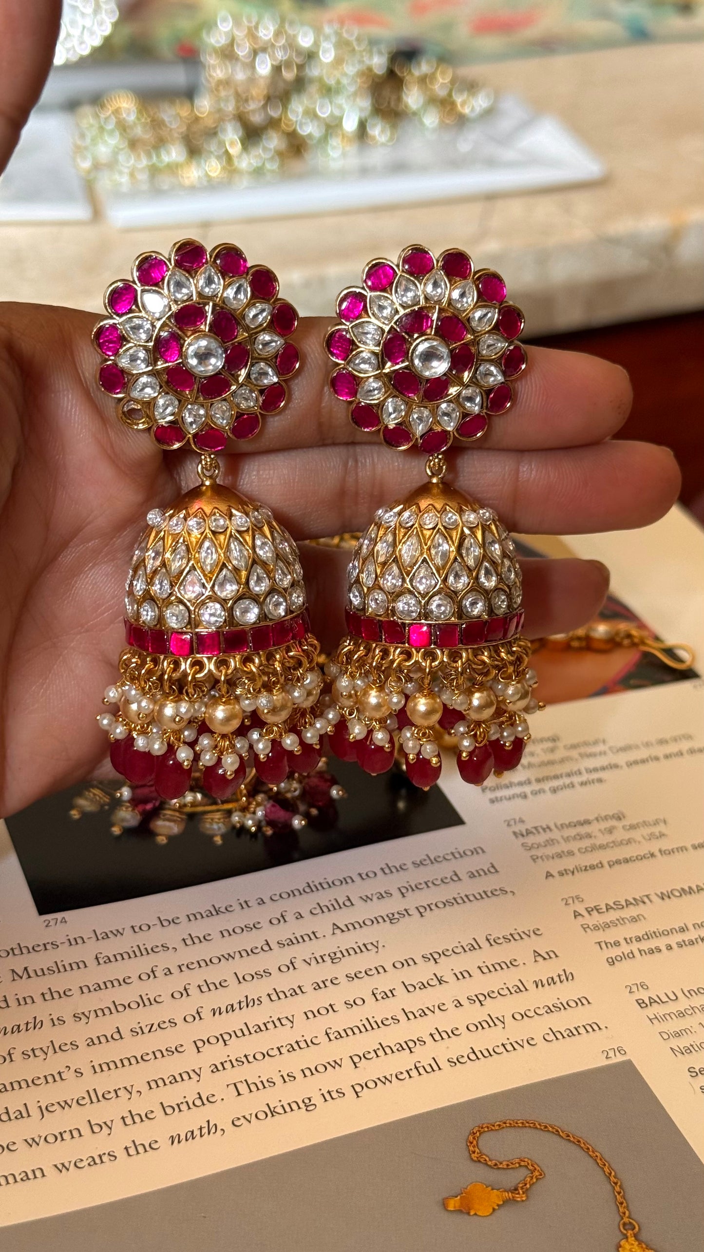 Rani pink floral Paachi  Kundan jhumki