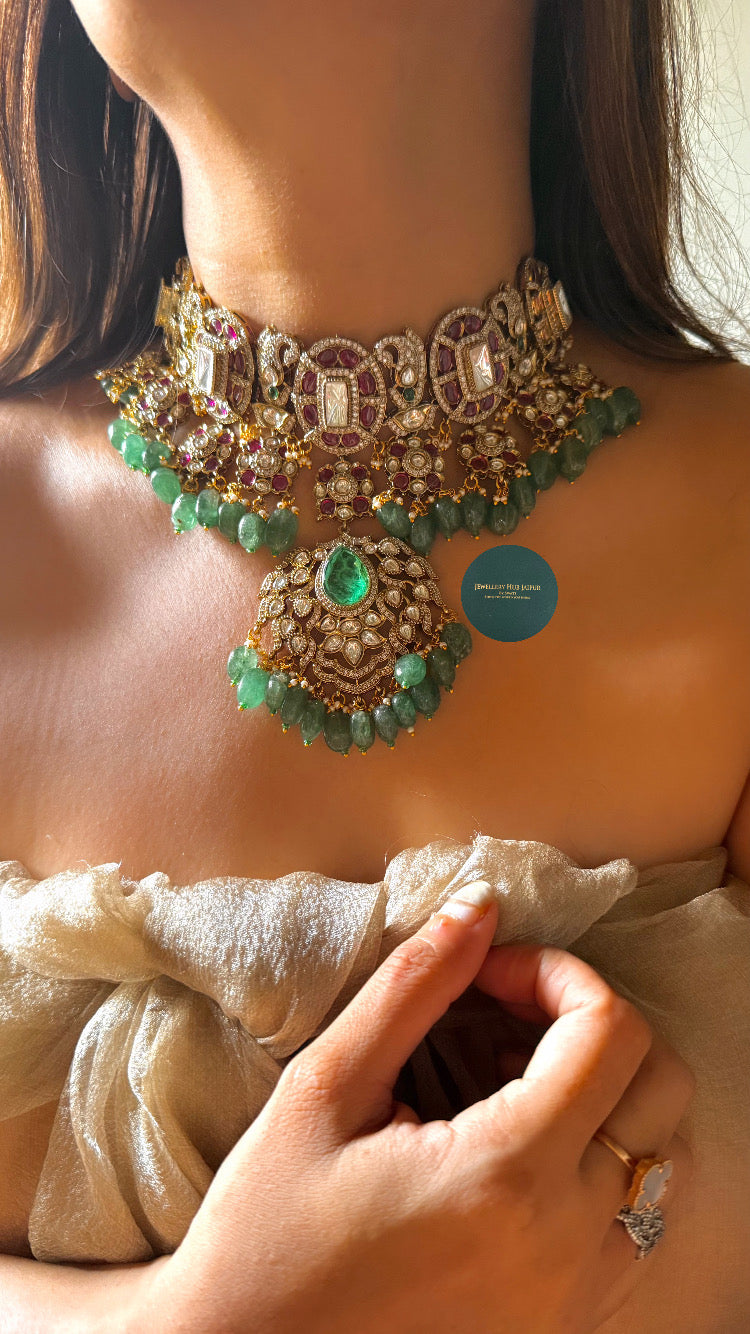Emerald doublet & Rani pink with mint strawberry drops choker set