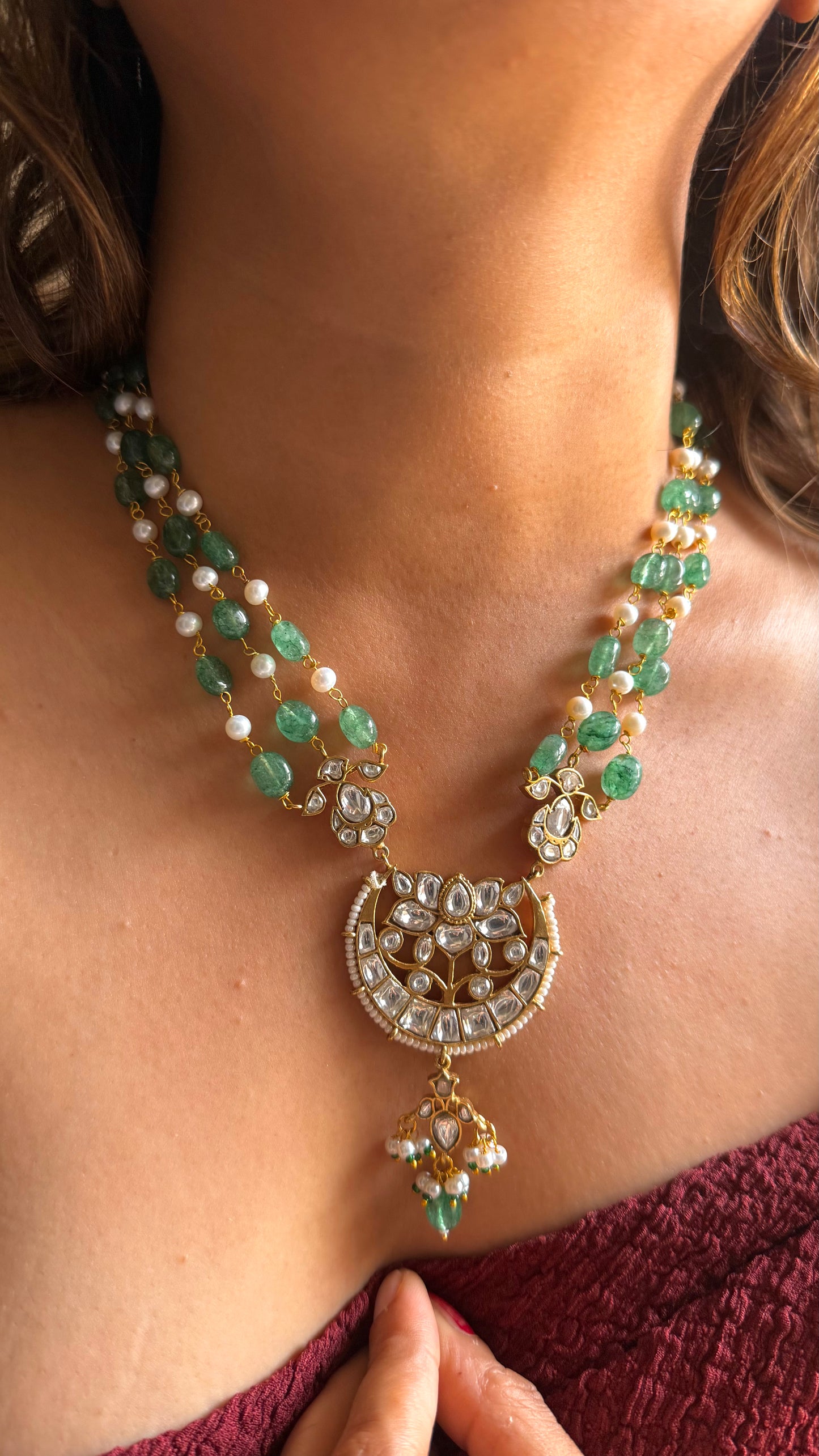 Lotus moon Mint & Pearl string necklace