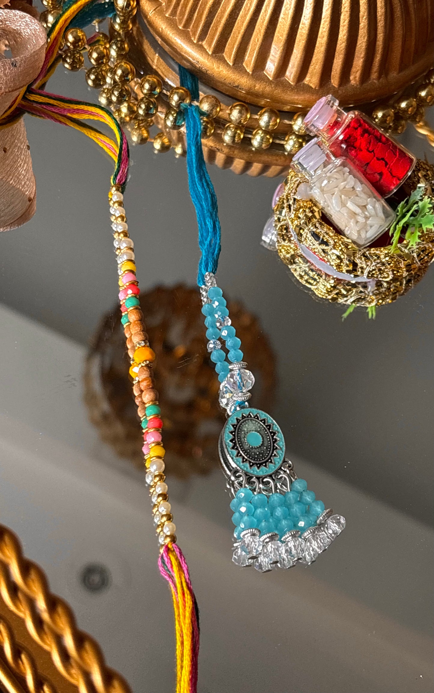 Bhaiya bhabhi lumba firoza nakashi oxidised rakhi ( shipping will be extra )