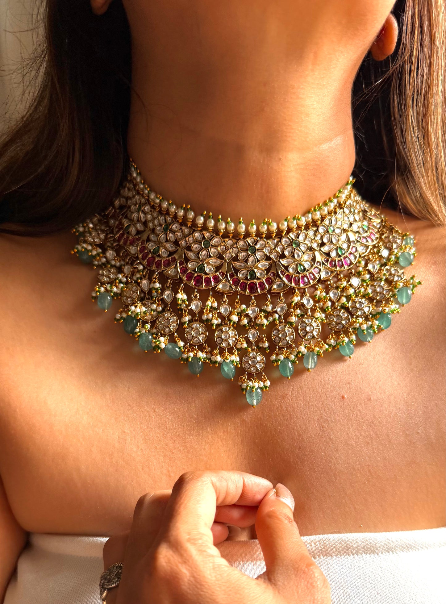 Saanvika Ruby & mint gold polish choker