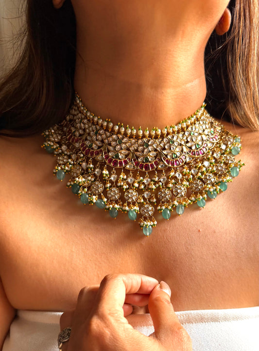 Saanvika Ruby & mint gold polish choker