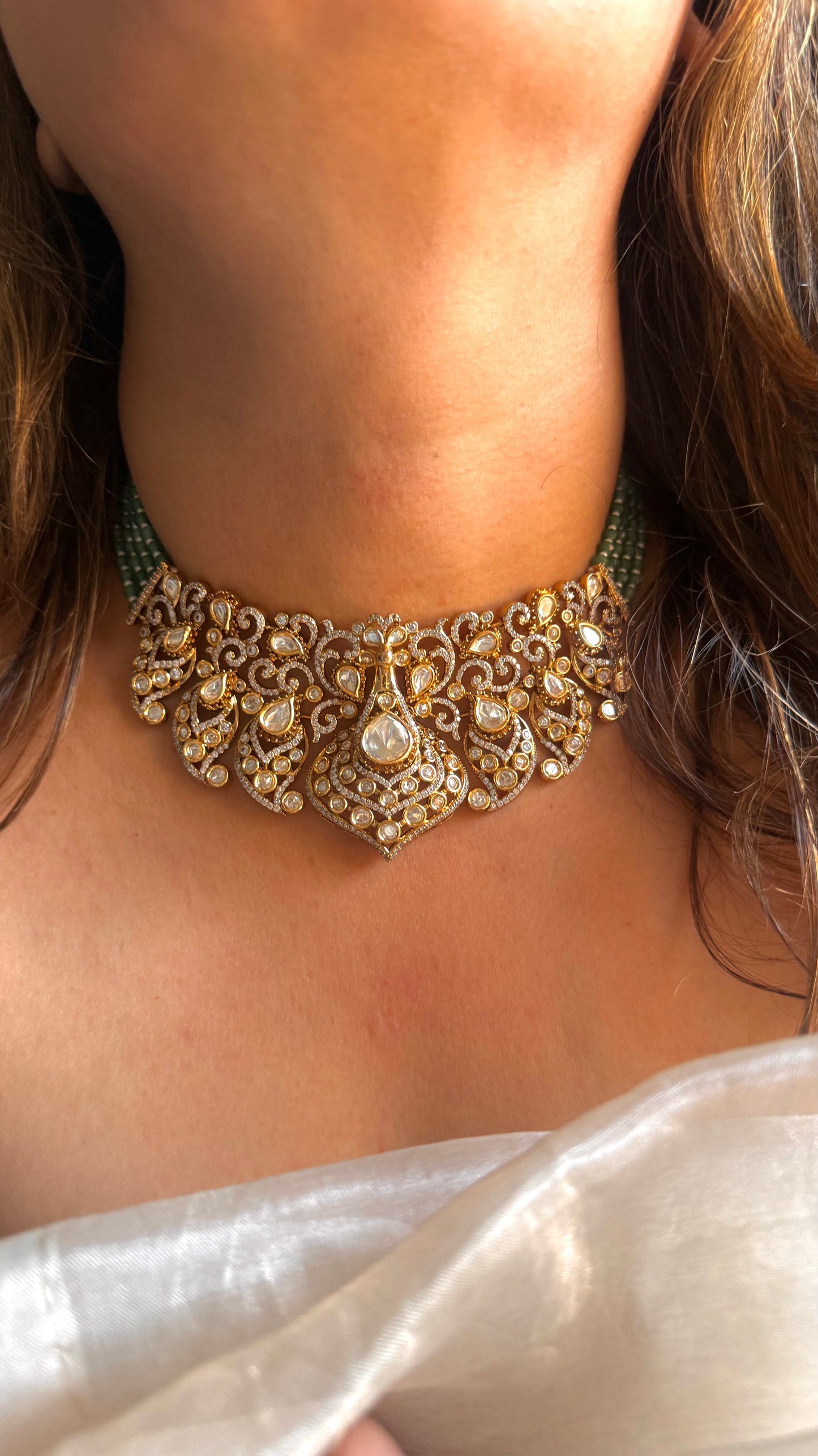 LV shade Polki designer choker with emerald string detailing