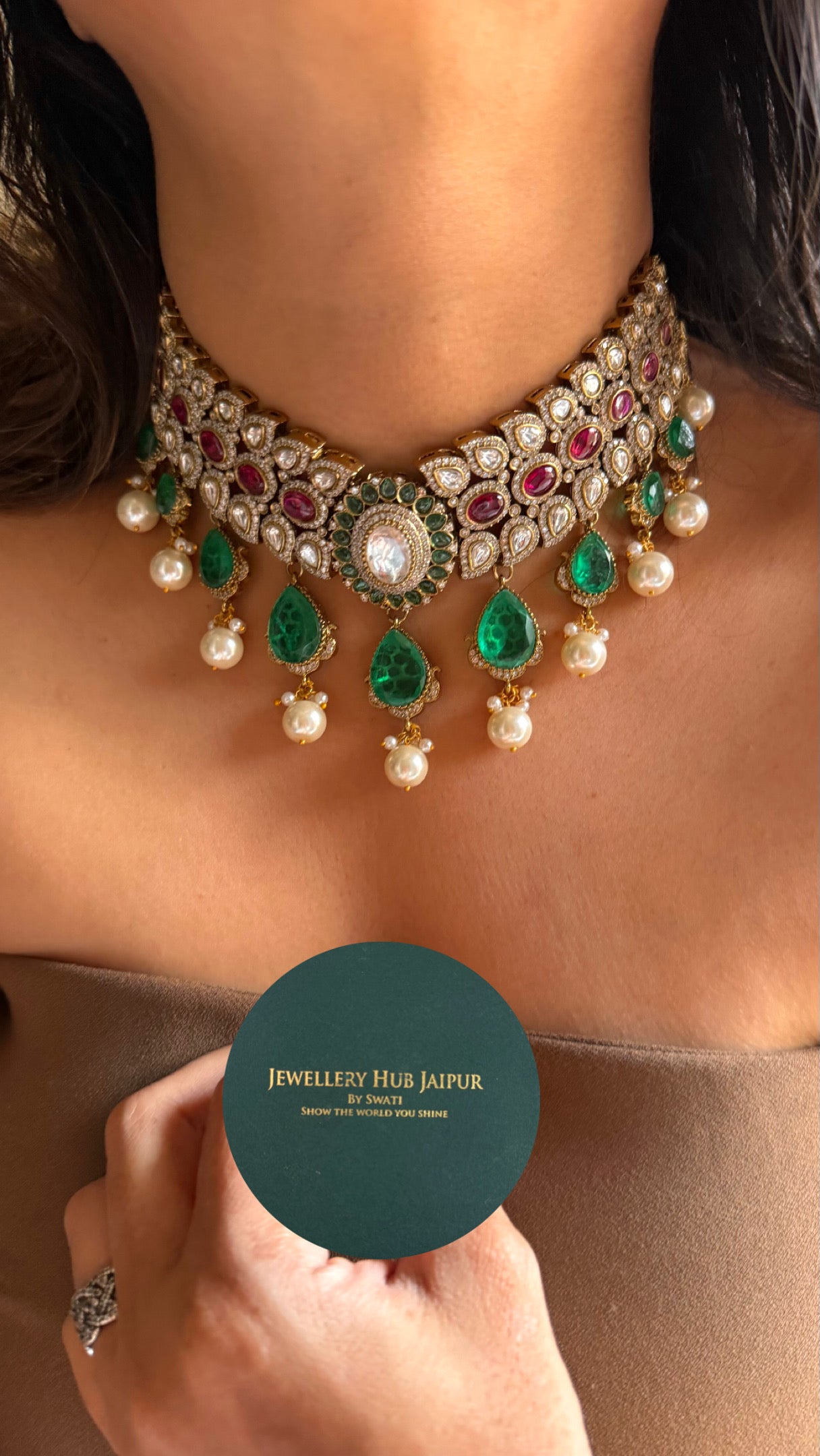 Emerald & Rani pink ruby with pearl detailing choker Necklace