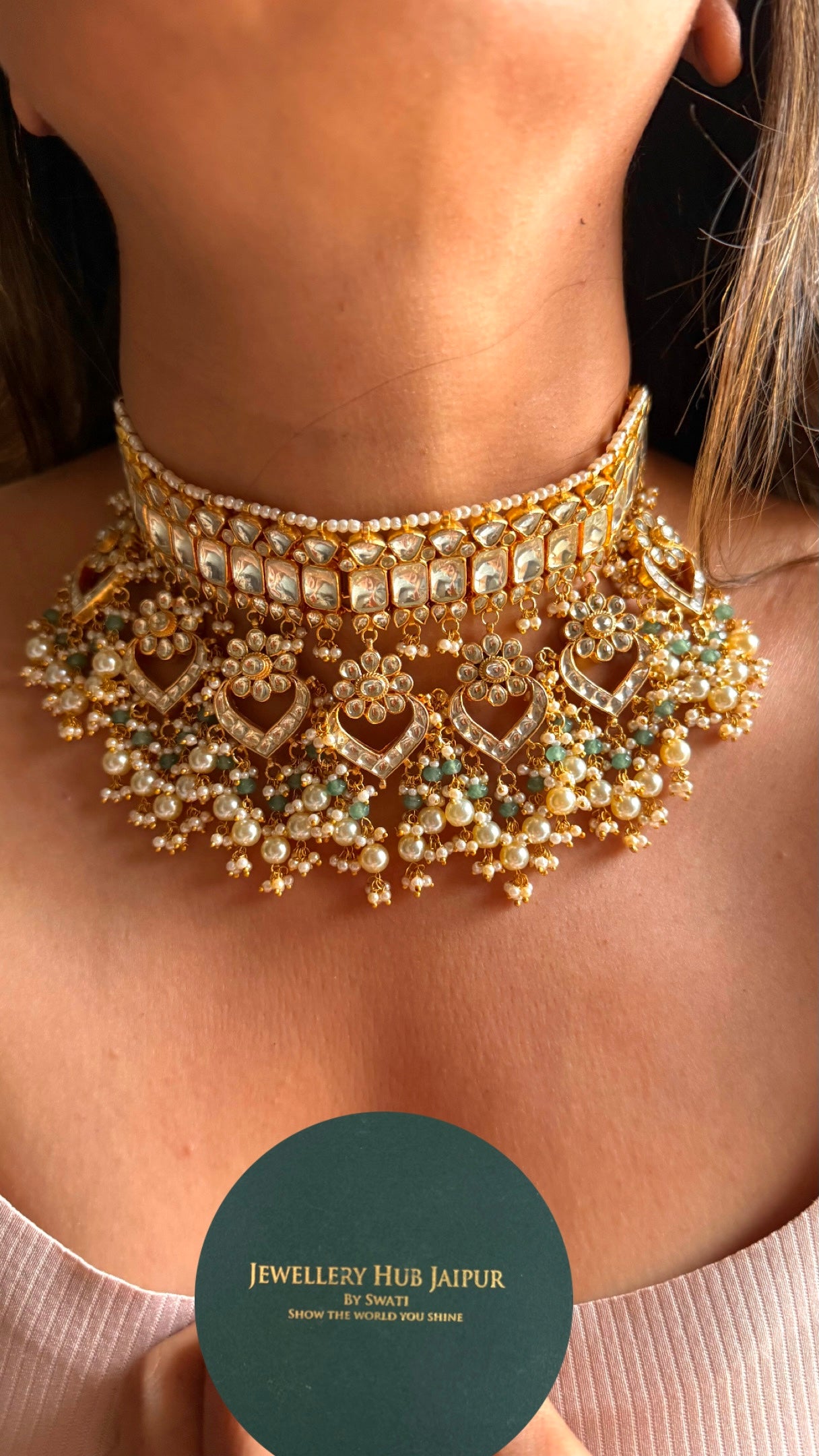 Handmade Paachi Kundan jadau with pearl detailing choker necklace