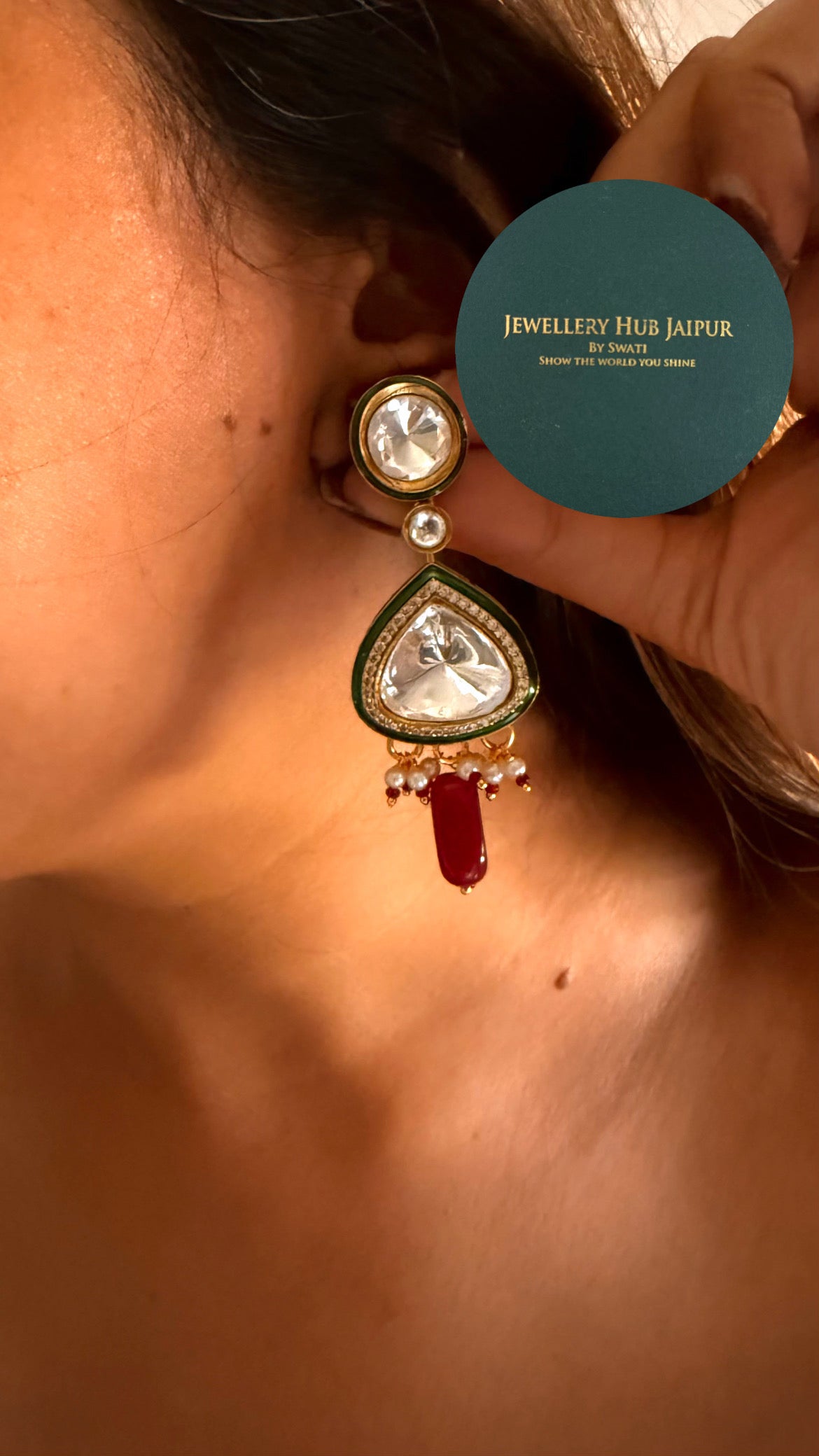 Emerald meenakari polki dual layer with ruby drops set