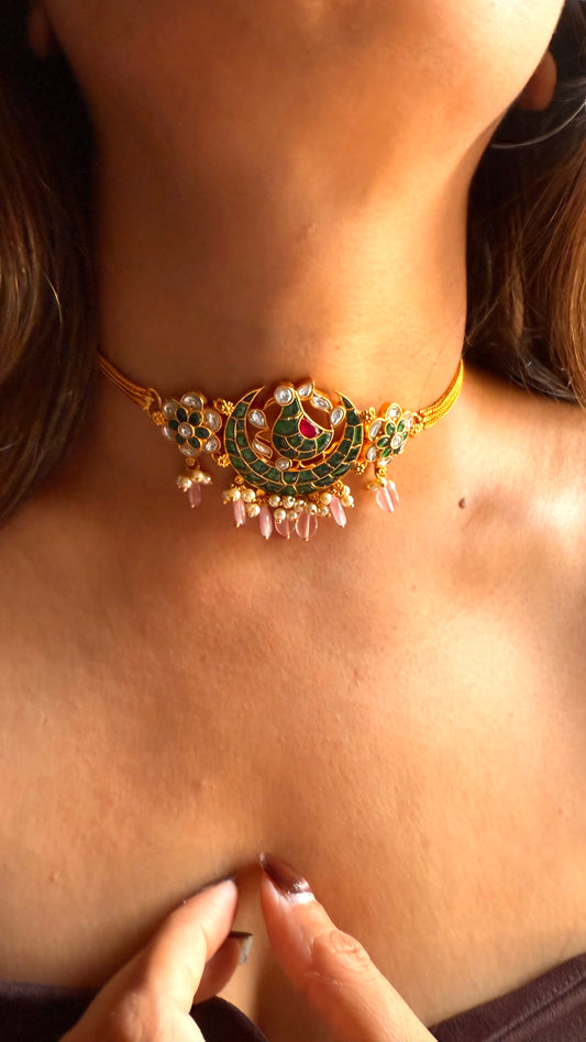 Emerald & rani pink katdana floral rajwada choker