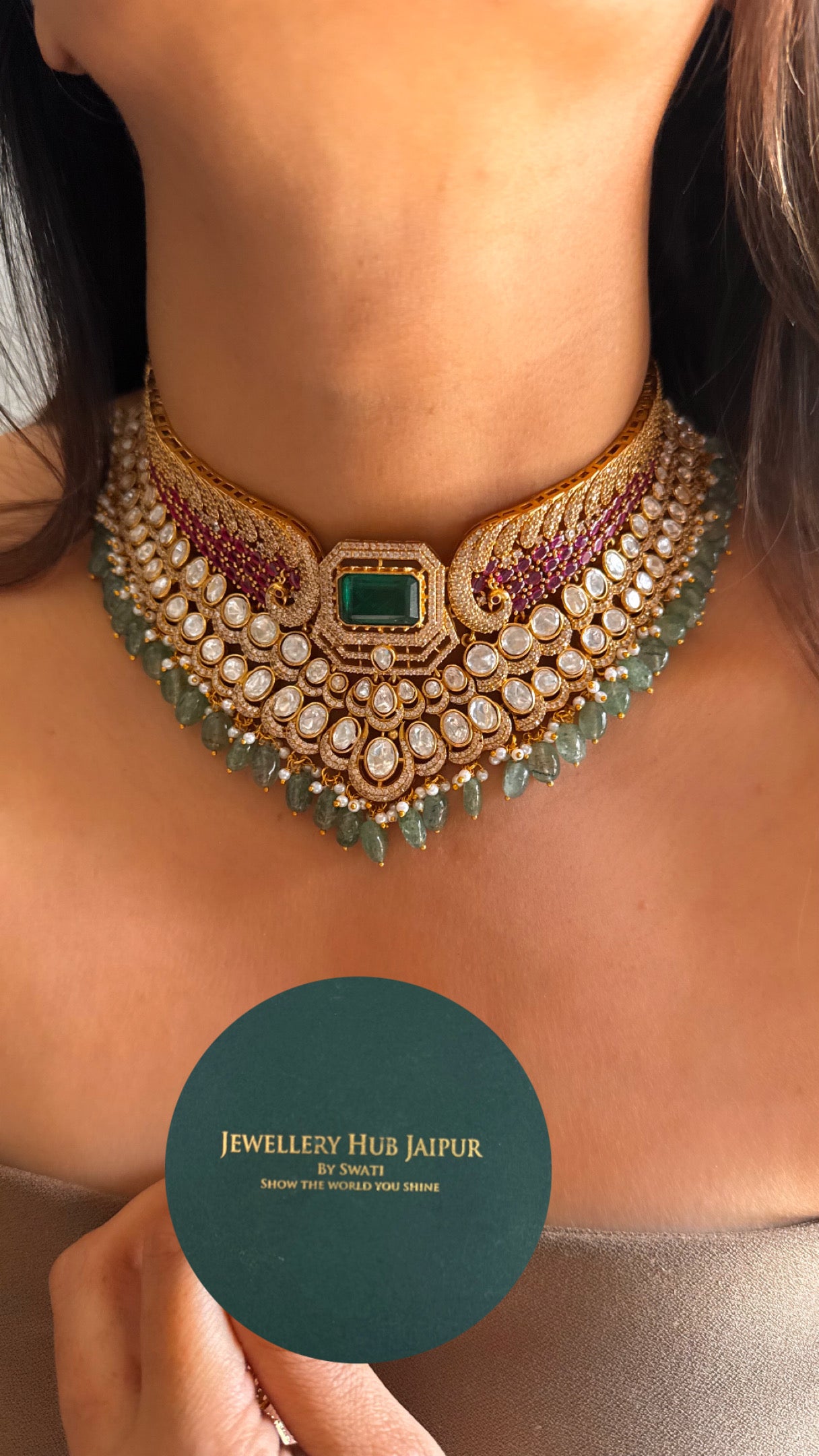 Mint & ruby moissanite peacock pattern choker set