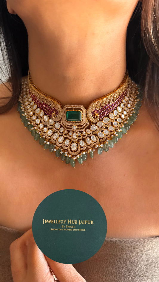 Mint & ruby moissanite peacock pattern choker set
