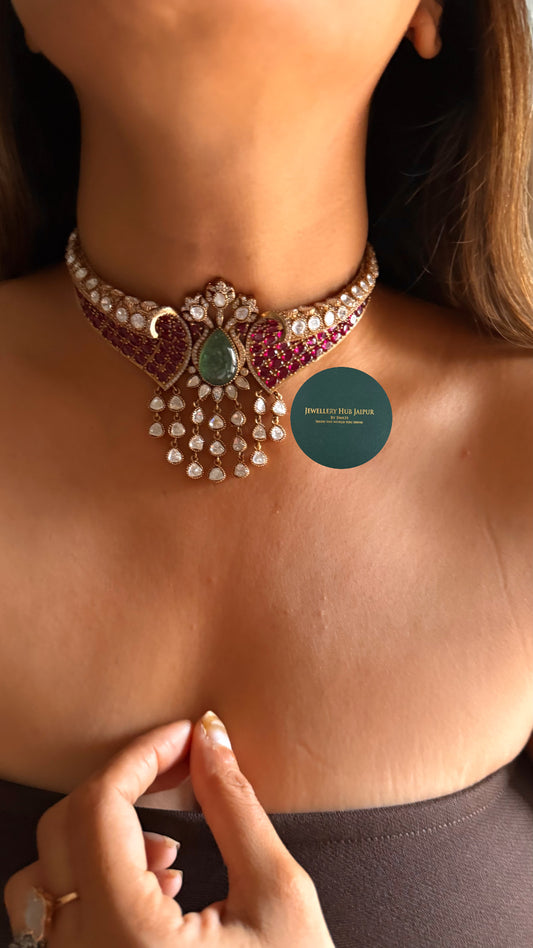 Mint doublet & rani pink moissanite polki designer choker set