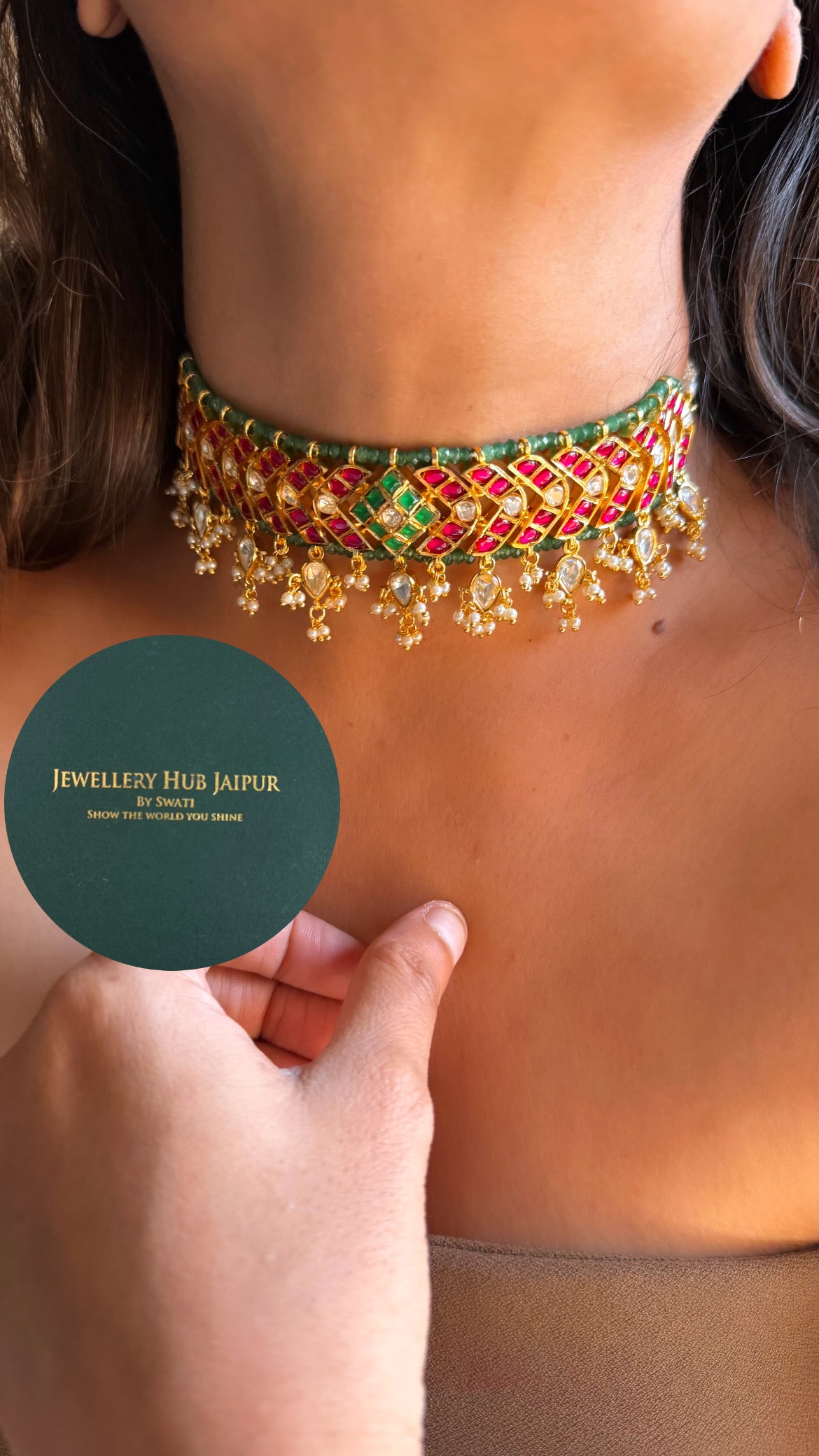 Heritage Rani pink & emerald real moissanite designer choker set