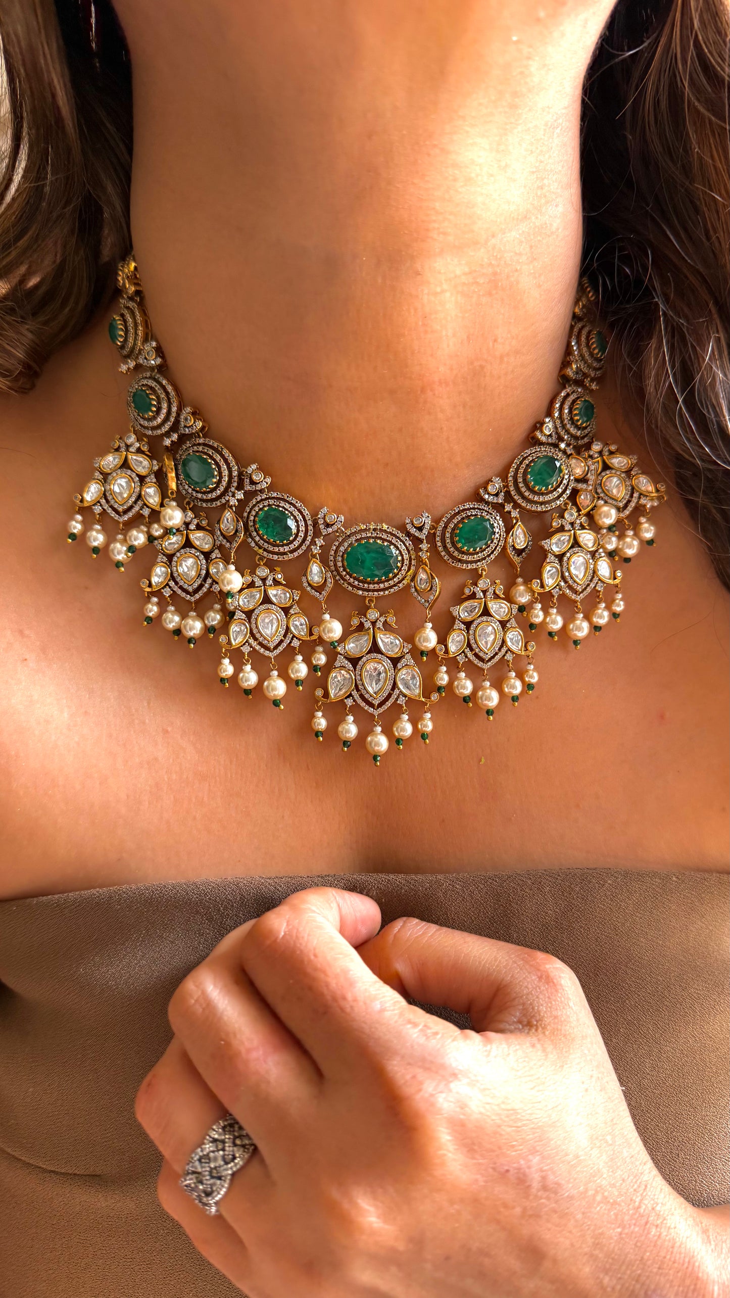 Emerald doublet victorian Polki necklace with pearl detailing