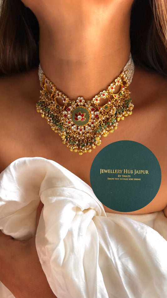 Handmade Heritage Polki set with ruby floral pattern