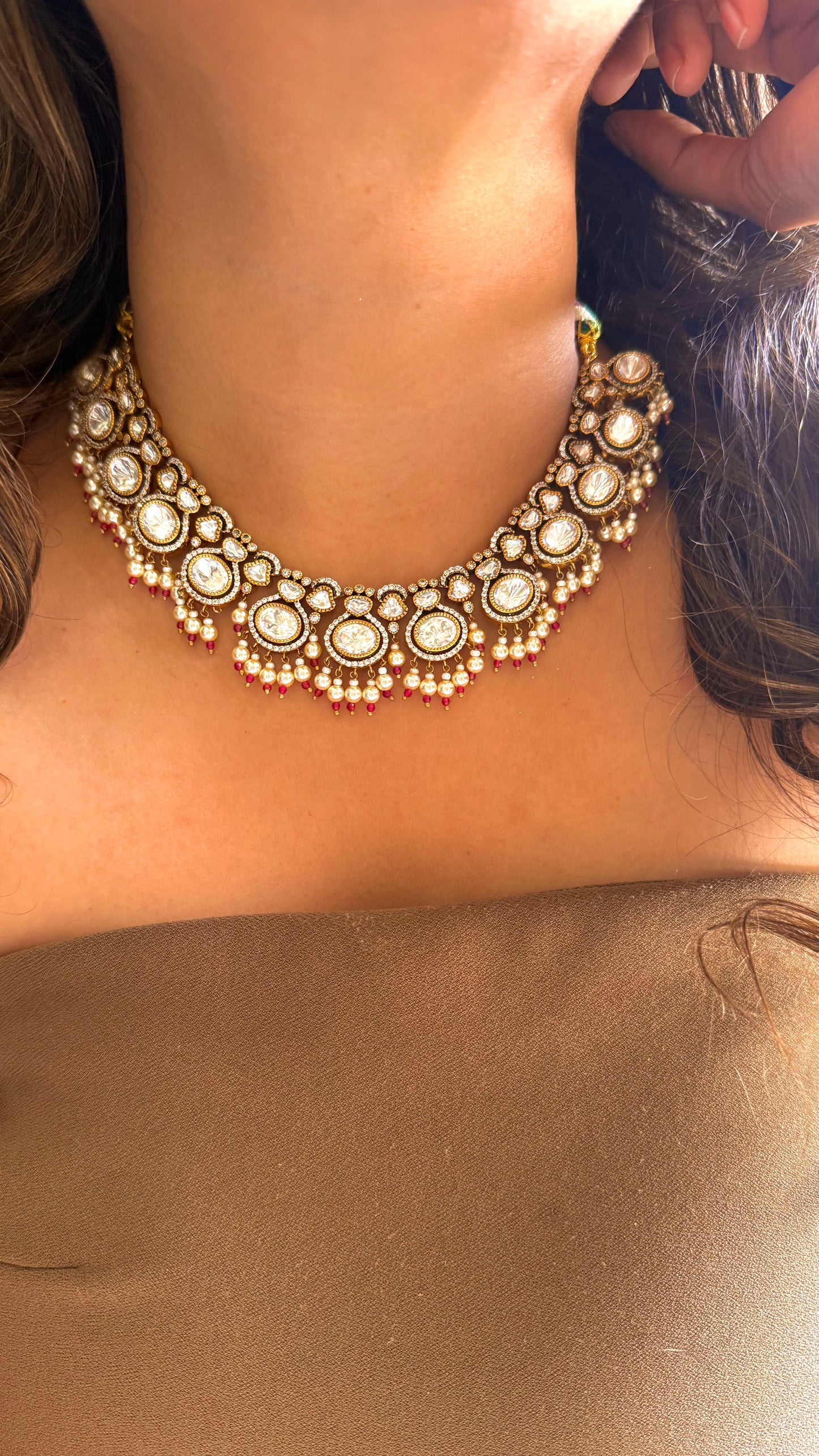 Uncut Polki Victorian choker with ruby & Pearl Detailing