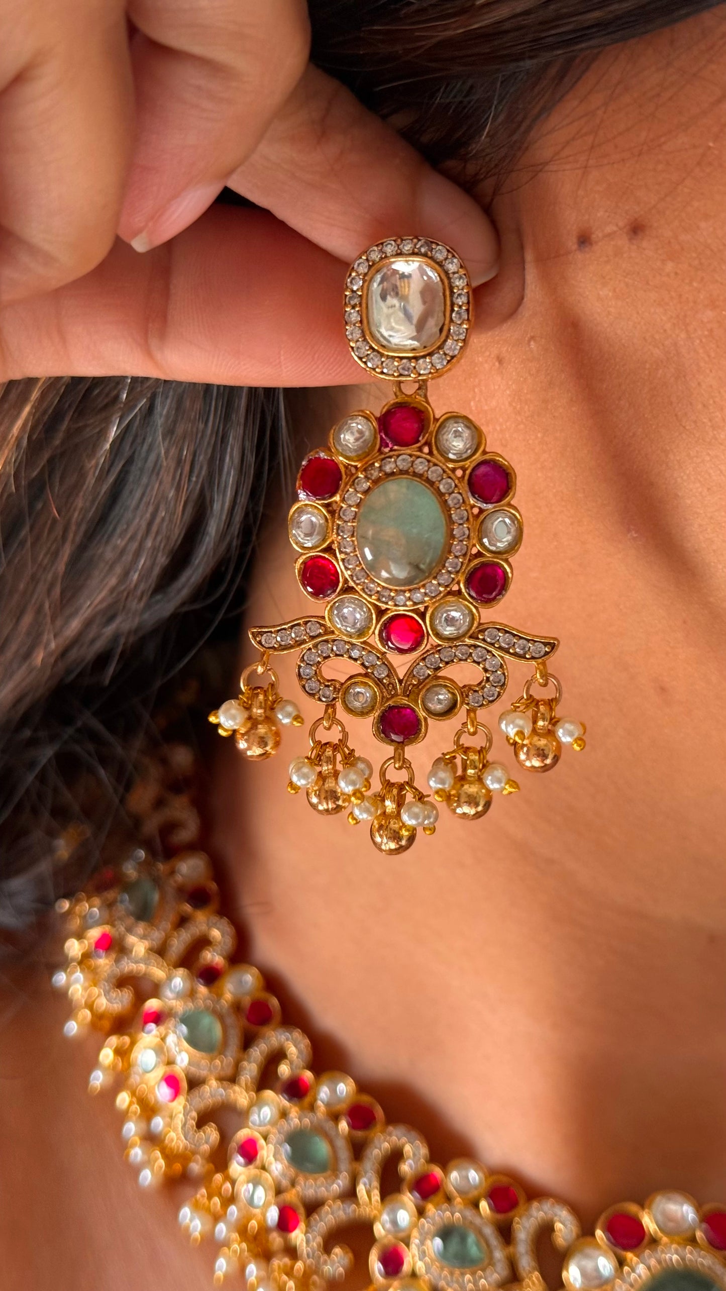 Amrapali inspired mint & rani pink designer collar necklace