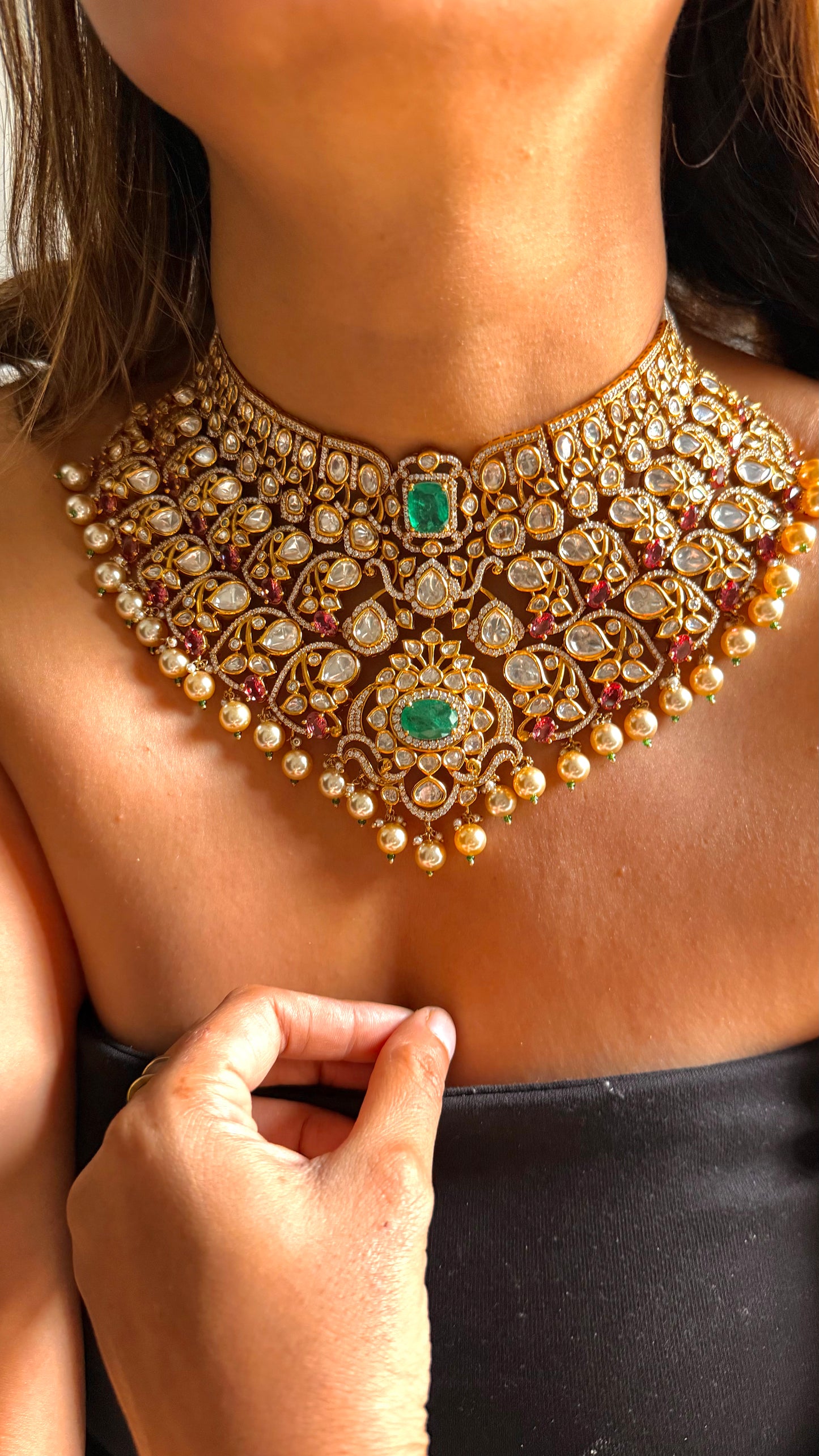 Rose Quartz & Emerald designer Polki Bridal Necklace