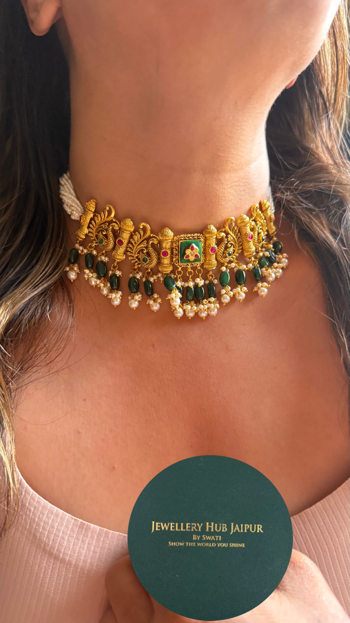 Emerald with peacock inspired antique gold Coker necklace