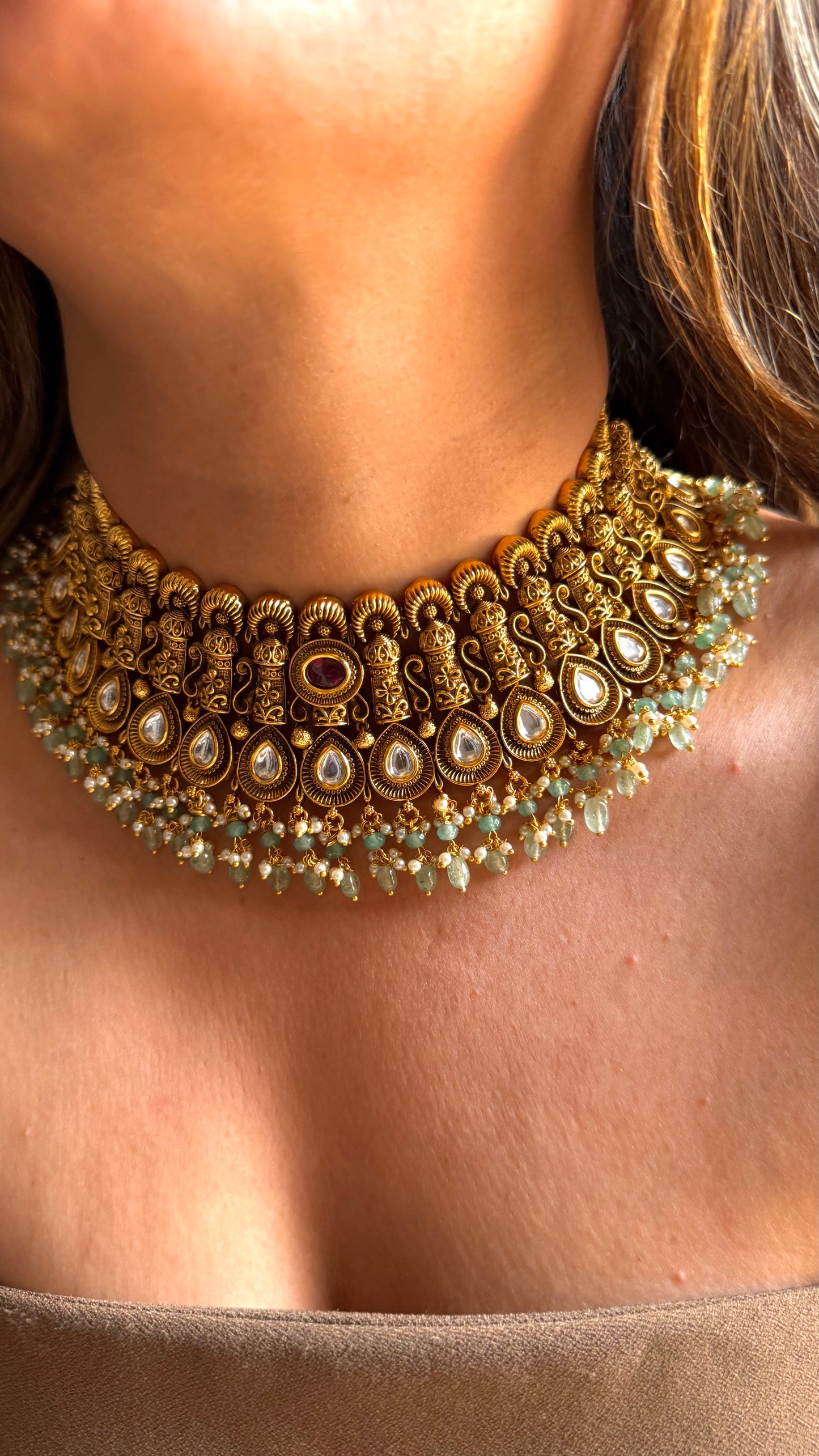 Real nakshi oxidised choker with ruby & mint detailing