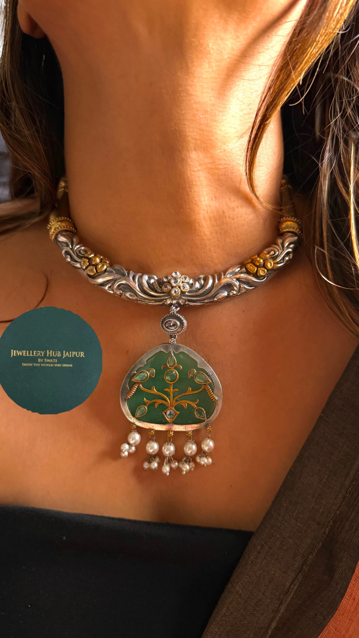 Silver & Gold Floral Saanjh tribal Hasli with mint Pendant