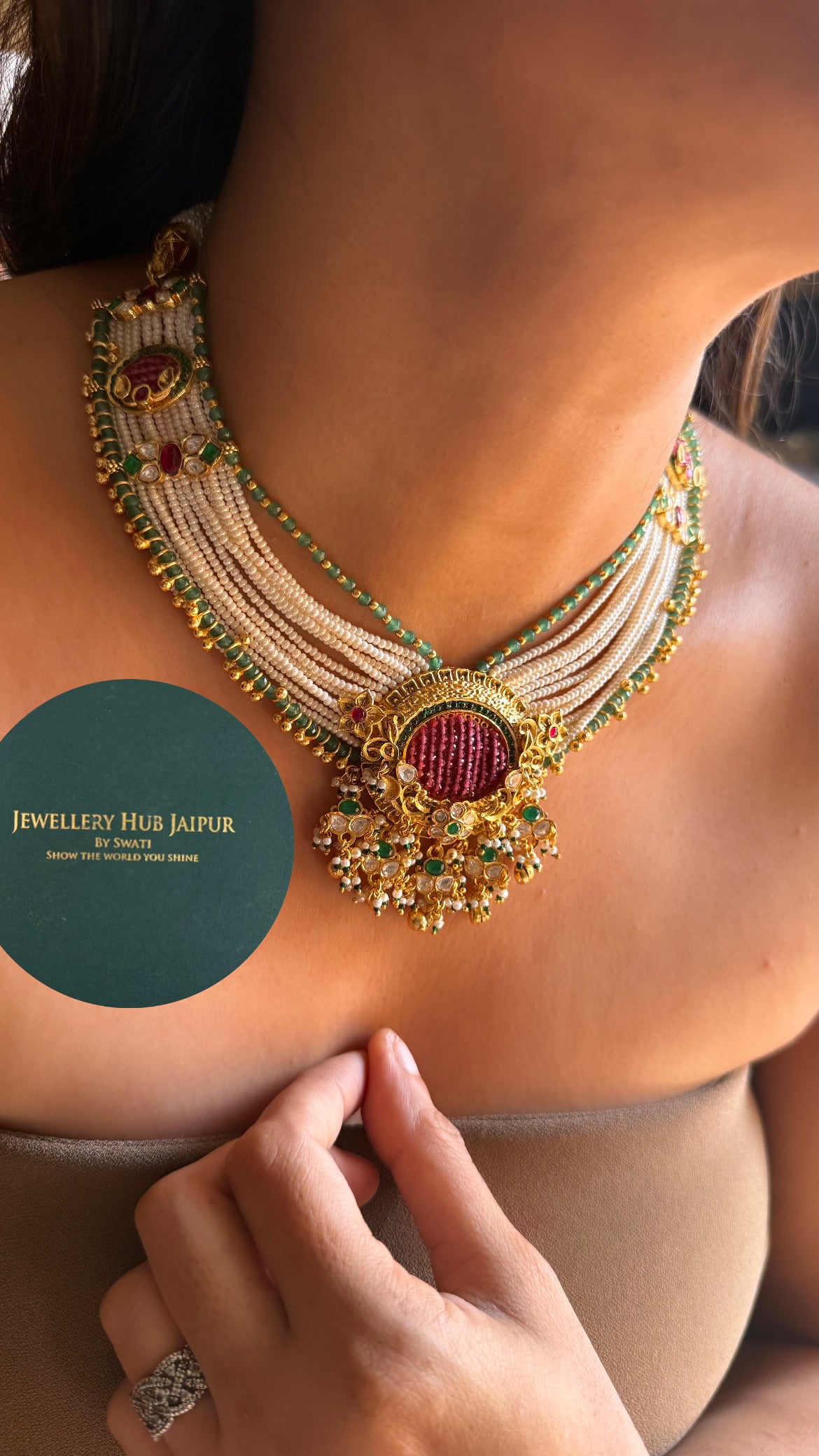 Real moissanite ruby & mint royal rajwada design heritage collar set