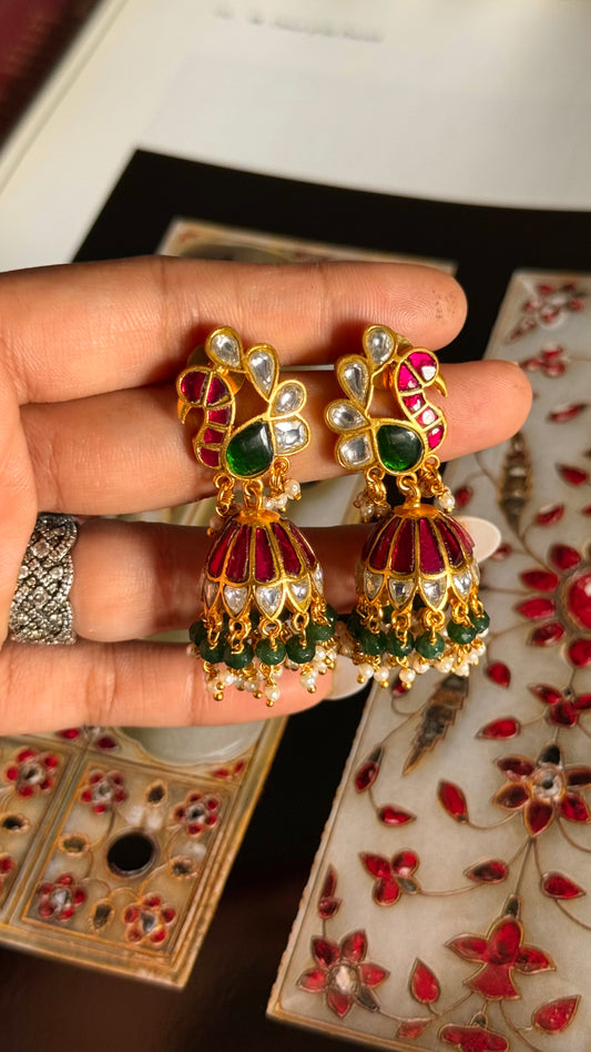 Rani pink & emerald peacock design jhumka