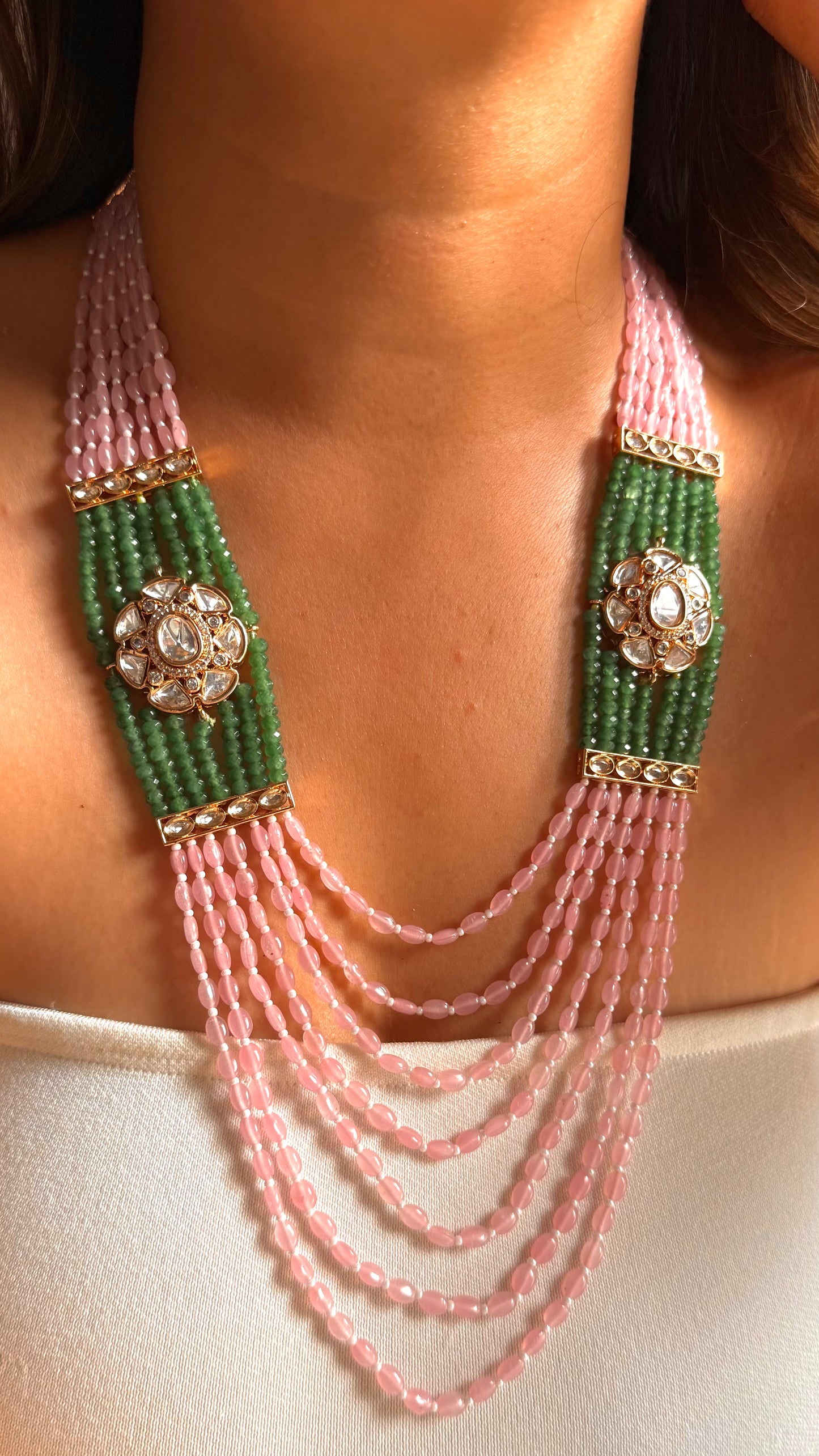 Rose quartz & emerald floral moissanite string