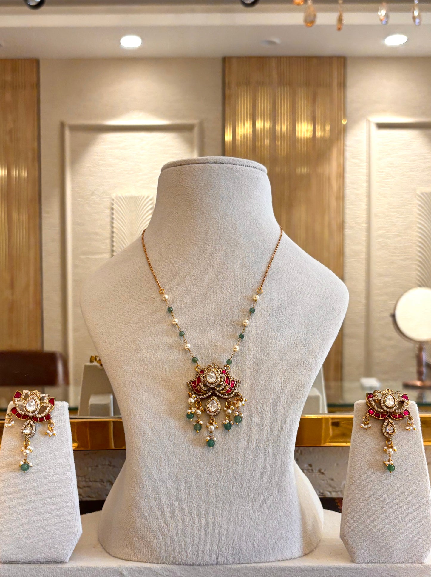 Lotus inspired rani pink & mint pearl pendant necklace