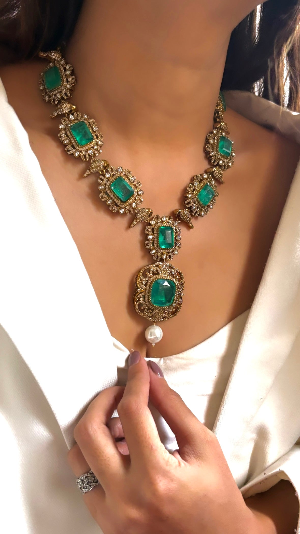 Emerald mint victorian Moissanite necklace