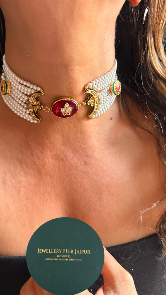 Ruby inlay meenakari work with half moon choker necklace set