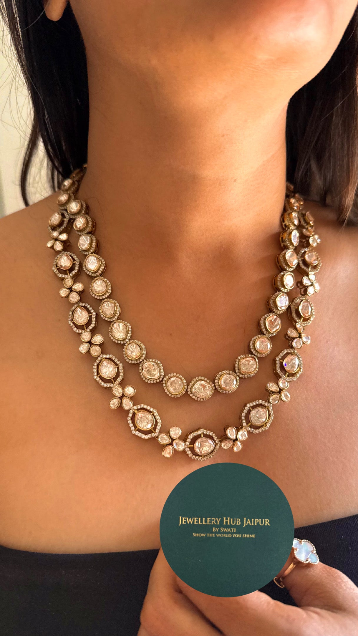 Dual line peeli polki moissanite necklace
