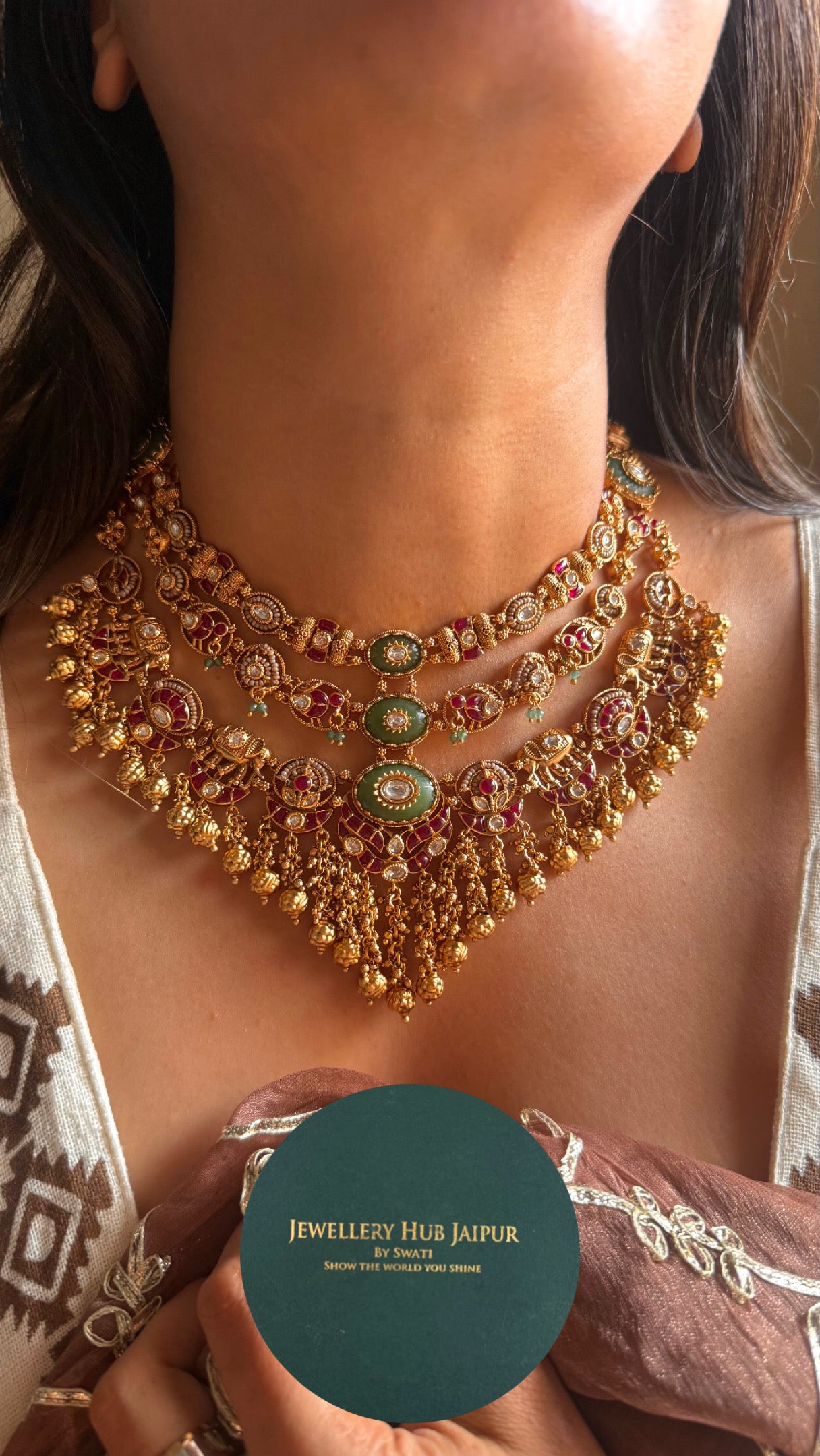 Rani pink ruby & emerald gungroo drops rajwada necklace