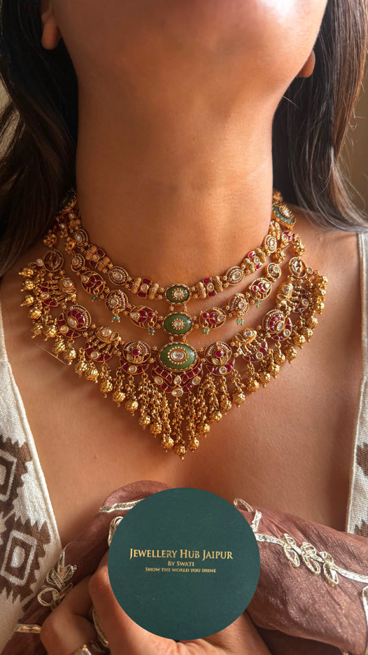 Rani pink ruby & emerald gungroo drops rajwada necklace