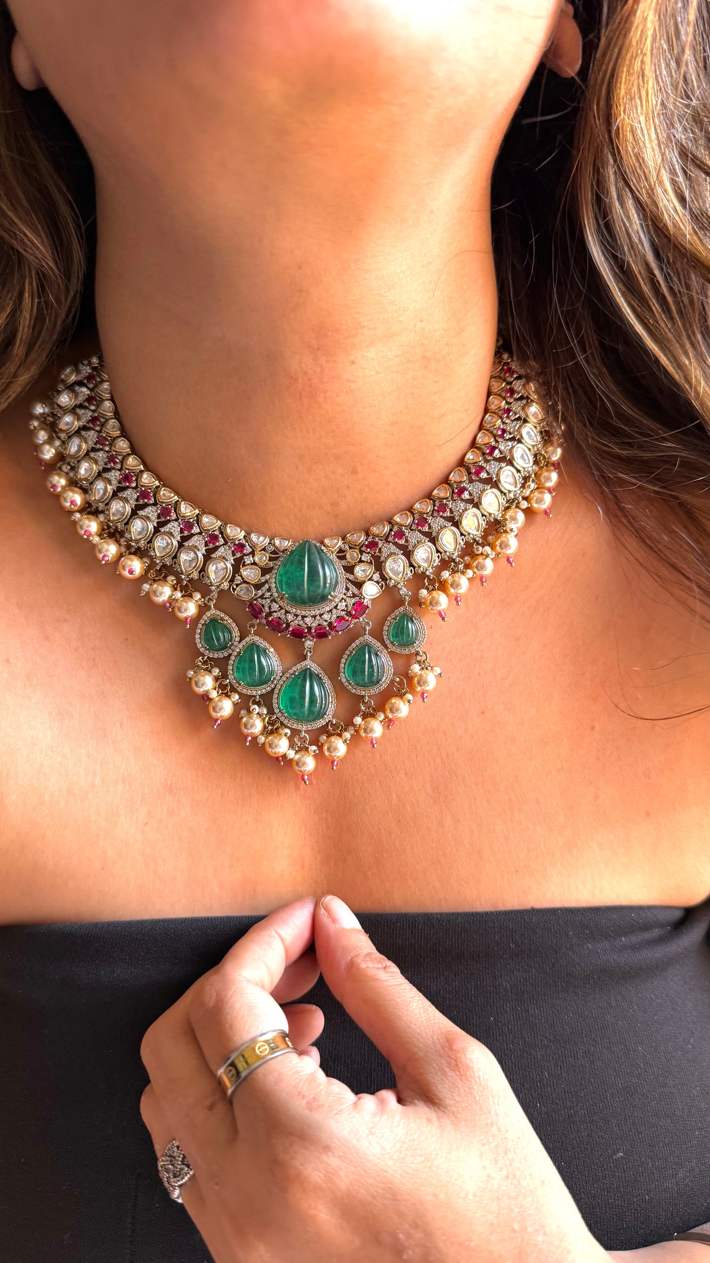 Emerald & Ruby vintage necklace with polki detailing